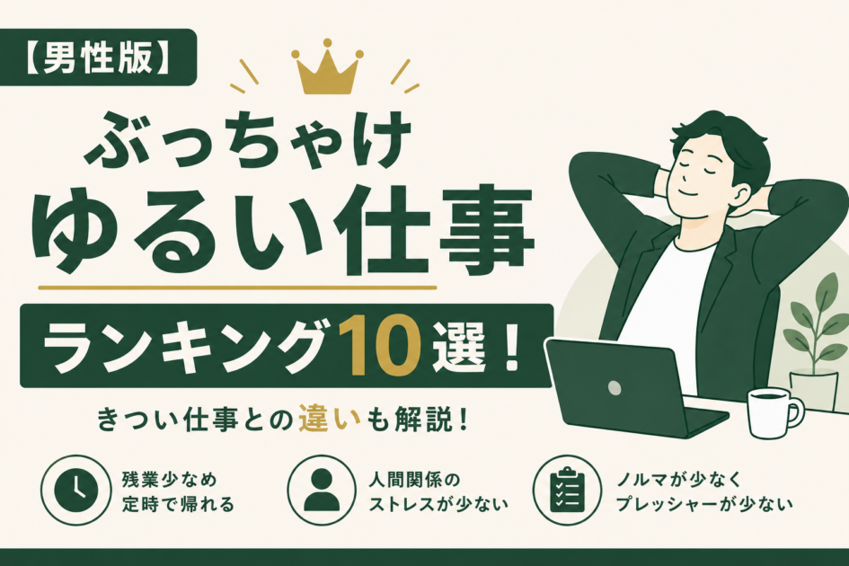 男性におすすめのゆるい仕事10選をランキング形式で紹介し、年収目安や精神的・肉体的な負担の違いを比較したアイキャッチ画像