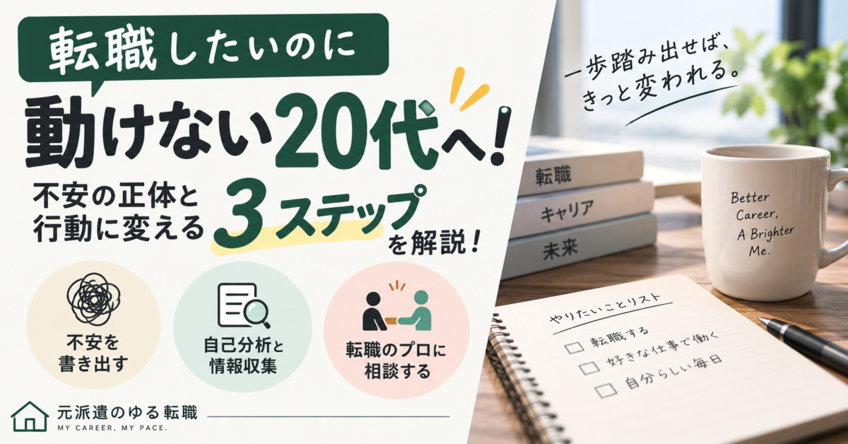 転職したいのに不安で動けない20代に向けて、不安の正体と行動に変える3ステップを紹介するアイキャッチ画像