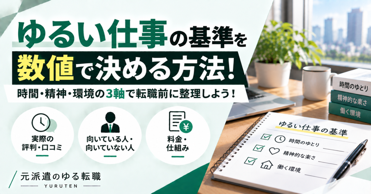 ゆるい仕事の基準を時間・精神・環境の3軸に分け、残業時間や休日などを数値化して転職前に整理する方法を示したアイキャッチ画像 doda X ハイブリッド勤務を探す 週数日出社など柔軟な働き方の求人が見つかる。